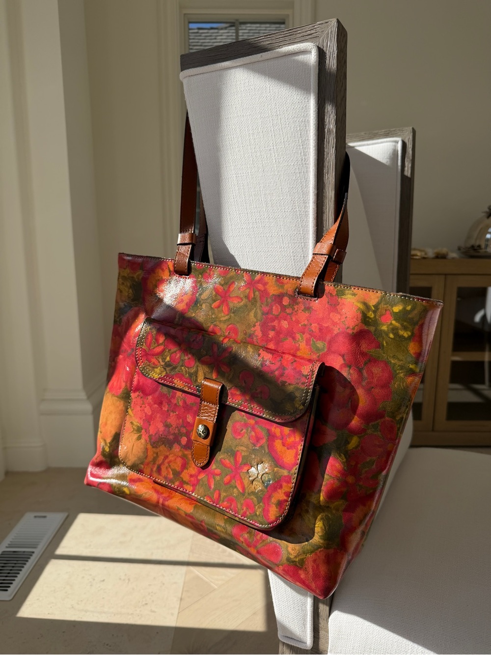 Patricia Nash Floral Full Grain Leather Tote Bag Front Pocket